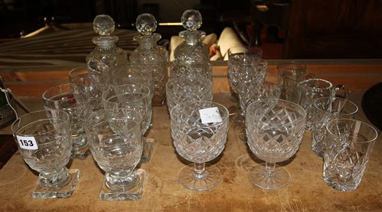 Three decanters, six and four glasses & others